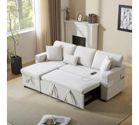 staronce Canapé d'angle en forme de L 4 places avec fonction sommeil, canapé-lit extensible avec coffre de lit et étagère intégrée, port USB, canapé de salon, flanelle beige