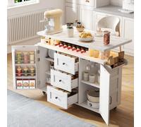 staronce Chariot de cuisine mobile avec plan de travail pliable, îlot de cuisine 138 x 60 x 93 cm, 5 roulettes, contrôle LED et application, étagère à vin et porte-verre, blanc