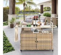 staronce Chariot de service à roulettes pour barbecue d'extérieur avec bac à glace et espace de rangement, chariot de cuisine en acier et rotin PE, table d'appoint pour jardin, balcon et terrasse