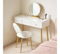 staronce Coiffeuse avec Miroir LED Rond et Chaise Inclinable, 3 Tiroirs (1 avec 6 Compartiments), Blanc et Or 100x40x122 cm