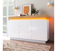 staronce Commode avec tiroirs, buffet blanc brillant avec éclairage LED et commande d'application, meuble TV avec étagères réglables, 2 portes et 3 tiroirs