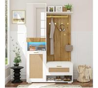 staronce Garde-robe avec LED et miroir - Penderie de couloir avec 3 portes (aspect rotin), armoire à chaussures et banc, 6 crochets dorés - Armoire avec LED APP 16 couleurs, 110 x 38 x 190 cm - Blanc