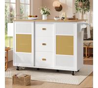 staronce Îlot de cuisine autoportant avec plan de travail pliable, armoire de buffet avec portes design en rotin, 6 roulettes, tiroirs et étagère à épices, 147 x 70 (42) x 90 cm, blanc