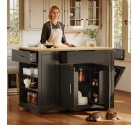 staronce Îlot de cuisine avec compartiment poubelle, chariot de cuisine mobile, noir, 120 x 50 x 92 cm, 2 portes et 3 tiroirs, étagères réglables, roulettes