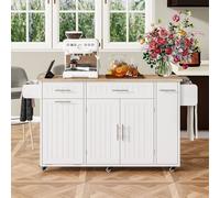 staronce Îlot de Cuisine Central Roulant avec Plan de Travail Extensible, Buffet de Rangement 3 Étages avec Tri des Déchets et Prise USB pour Petites Cuisines et Studio, Blanc, 135 x 40-70 x 90 cm