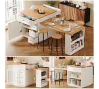 staronce Ilot de cuisine extensible, chariot de cuisine avec roulettes, îlot de cuisine mobile, 4 tiroirs, plateau de table aspect bois, 120-184 x 70 x 94 cm, blanc
