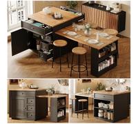 staronce Ilot de cuisine extensible, chariot de cuisine avec roulettes, îlot de cuisine mobile, 4 tiroirs, plateau de table aspect bois, 120-184 x 70 x 94 cm, noir