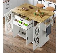 staronce Îlot de cuisine mobile avec roulettes, chariot de cuisine avec portes en verre et tiroirs, 120 x 40 (63,5) x 94,5 cm, blanc, étagères réglables en hauteur