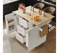 staronce Îlot de Cuisine Mobile sur roulettes avec Plan de Travail Rabattable, Buffet Bas de Rangement Multifonction pour Petits Espaces, Blanc