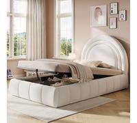 staronce Lit capitonné 90 x 200 cm, lit simple pour enfant avec lit de rangement hydraulique et sommier à lattes, tête de lit rembourrée en bou ords arrondis, design féerique, beige