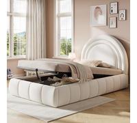 staronce Lit capitonné 90 x 200 cm, lit simple pour enfant avec lit de rangement hydraulique et sommier à lattes, tête de lit rembourrée en velours, bords arrondis, design féerique, beige