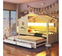 staronce Lit pour enfant 90 x 200 cm avec lit gigogne et LED - Lit maison en bois massif blanc avec tiroirs et USB, lit avec espace de rangement pour chambre d'enfant, charge de 120 kg