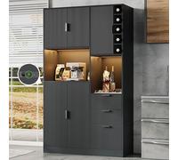 staronce Meuble De Cuisine Noir, Buffet Haut avec Rangement, Étagères Réglables, 3 Tiroirs, Casier À Bouteilles, LED Changeable Et Prises, 180 × 105 × 40 cm