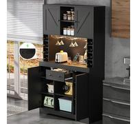 staronce Meuble De Cuisine Noir, Buffet Haut avec Rangement, Étagères Réglables, Tiroir, Porte-Verres INOX, Casiers À Bouteilles, LED Changeable Et Prises, 180 × 105 × 40 cm