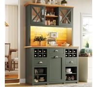 staronce Meuble De Cuisine Vert Antique 120cm, Buffet Haut avec Étagères Réglables, Porte-Verres Et Porte-Bouteilles, Prises AC/USB, Éclairage LED, 188 × 120 × 45 cm