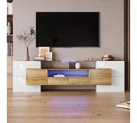 staronce Meuble TV bas 200 cm blanc brillant avec 6 portes et 2 tiroirs, meuble TV avec éclairage LED multicolore, buffet de salon pour TV de 60 à 69 pouces, meuble TV en MDF avec aspect verre