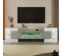 staronce Meuble TV bas, 200 cm, blanc brillant et aspect béton, avec éclairage LED, meuble TV avec 6 portes + 2 tiroirs, buffet de salon pour TV de 60 à 69 pouces, meuble TV avec beaucoup d'espace de