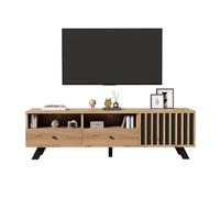 staronce Meuble TV bas avec lattes en bois et 2 tiroirs, 150 cm, chêne