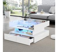 staronce Table basse carrée 80 x 80 x 45 cm avec espace de rangement LED | Panneau de particules, verre, 2 tiroirs, contrôle par application, capacité de charge de 30 kg, salon, table d'appoint