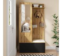 staronce Vestiaire d'entrée avec Miroir, Banc et Meuble à Chaussures, Noir | 5 crochets et penderie cachée, finition effet bois, dimensions 100 x 38 x 191 cm, ensemble complet pour entrée et couloir.