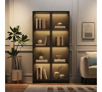 staronce Vitrine en verre avec application éclairage LED, armoire vitrine avec portes en verre et étagères réglables, armoire haute pour salon, panneau de particules, 80 x 40 x 160 cm, noir