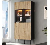 staronce Vitrine en verre avec éclairage LED, armoire pour salon avec portes en verre et 10 compartiments, armoire haute en MDF/verre trempé, 80 x 35 x 180 cm, bois naturel noir