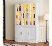 staronce Vitrine en verre et vitrine sur pied avec éclairage LED contrôlé par application - Armoire haute et armoire de salon en MDF blanc 121 cm de large avec 6 portes et étagères réglables