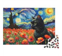 Starry Night Cat Wall Art Puzzle 1000 Pieces Cadeau Unique Jeu Éducatif Challenge Toy À De Qualité Supérieure Peinture Art pour Adultes Et Enfants À Partir De 14 Ans 38x26cm/1000pcs