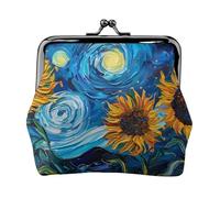 Starry Night Portefeuille Champ de Tournesol Portefeuille avec Fermeture Baiser Petit Portefeuille en Cuir PU pour Femme