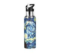 Starry Night Van Gogh Bouteille d'eau isotherme en acier inoxydable anti-fuite et anti-transpiration avec paille pour salle de sport, sport en plein air, 600 ml
