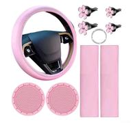 Startbuymore Kit intérieur de voiture 10 pièces avec housse de volant, coussinets de ceinture de sécurité, porte-gobelets, anneau de bouton de démarrage, clips d'aération pour cuir rose, noir, violet