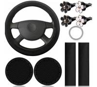 Startbuymore Kit intérieur de voiture 10 pièces avec housse de volant, coussinets de ceinture de sécurité, porte-gobelets, anneau de bouton de démarrage, clips d'aération pour cuir rose, noir, violet