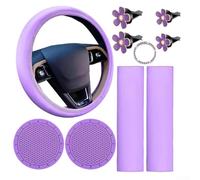 Startbuymore Kit intérieur de voiture 10 pièces avec housse de volant, coussinets de ceinture de sécurité, porte-gobelets, anneau de bouton de démarrage, clips d'aération pour cuir rose, noir, violet