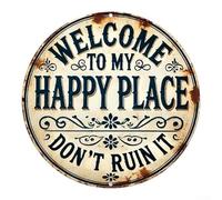 Startbuymore Panneau rond en aluminium 20 x 20 cm avec inscription « Welcome To My Happy Place » pour salon, chambre à coucher, bureau
