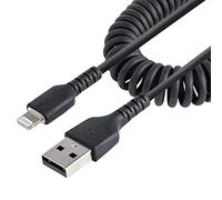 StarTech Câble spirale USB-A vers Lightning 1m, Noir, MFi (RUSB2ALT1MBC) | Fibre aramide robuste, Gaine TPE, Cordon chargeur iPhone anti-emmelement, Certifie Apple