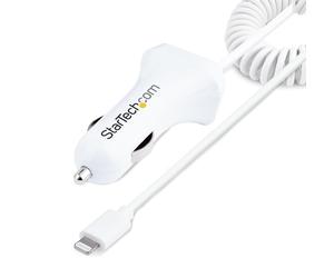 StarTech.com Chargeur Voiture Lightning avec Câble Spiralé - Chargeur Iphone 1m - Double Chargeur USB pour Telephones et Tablettes pour la Voiture - Chargeur Auto Blanc de 12W