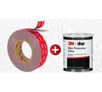 Starter Set : 1x 3M VHB ruban adhésif Max-110GF, gris, 19 mm x 33 m, 1.1 mm, film de protection incl. 1x 3M VHB ruban adhésif Max promoteur d'adhésion, transparent, 236 ml x1 morceau