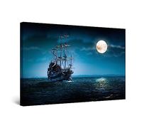 Startonight Impression Sur Toile Peinture Lumineux Bateau et la Lune sur la Mer Bleue, Tableau Nature - Decoration Murale Salon Moderne - Image sur Toile - 60 x 90 cm Idée Cadeau Élégante et Originale