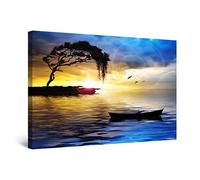 Startonight Impression Sur Toile Peinture Paysage Bleu Arbre, Bateau et Mer, Tableau Abstrait - Decoration Murale Salon Moderne - Image sur Toile - 60 x 90 cm Idée Cadeau Élégante et Originale