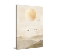 Startonight Tableau Abstrait Impression sur Toile - Paysage Chaleureux avec Lune et Oiseaux Beiges - Décoration Murale Moderne - Image sur Toile 80x120 cm - Idée Cadeau Élégante et Originale