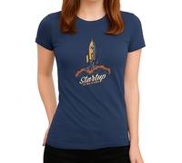 Startup It's Time to Action Design - Graphique fusée avec look rétro espace - Motivation et succès d'affaires - T-shirt pour femme, Bleu marine, XL