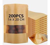 STARVAST Lot de 200 Sachet kraft Alimentaire avec Fenetre, 14 x 20 CM Sachet Kraft Zip, Sachets en Papier Kraft Réutilisables pour Stockage la Nourriture, Noix, Thé, Grains de Café