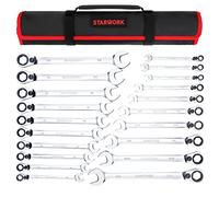 STARWORK True Mechanic™ Lot De 20 Clés Mixtes à Cliquet Réversibles à 6 Points SAE à 15 ° Et Antidérapantes Avec Sac De Rangement Portable (5/16" -3/4" & 8-19 mm)