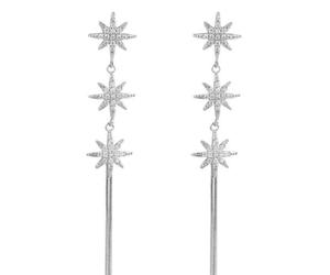 Statement Eight-Pointed Star Drop Earrings: Rhinestone-Studded Stars + Layered Chain Tassels