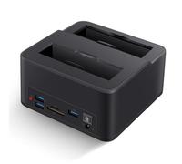 Station d'accueil Double Baie USB 3.0 pour disques durs/SSD SATA 2,5"/3,5" (jusqu'à 2x16TB) avec Lecteur de Cartes SD/microSD intégré. Prend en Charge Le clonage Hors Ligne, Le Plug & Play