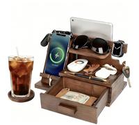 Station d'accueil en Bois pour téléphone Portable avec tiroirs, Compatible avec Apple Watch - Station de Recharge en Bois, Table de Chevet pour Homme, Tablette, clés, Lunettes, EDC