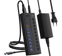 Station d'accueil USB 10 en 1, Lemorele 7 ports USB 3.0, 3 ports de charge USB C/A avec commutateur d'alimentation indépendant et LED pour MacBook, Windows, Dell, HP, Lenovo, Surface