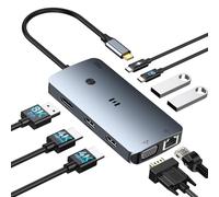Station d'accueil USB C 4 moniteurs 9 en 1 pour ordinateur portable, double écran, hub USB C, adaptateur multi-moniteurs, avec double HDMI, DisplayPort, VGA, 1 Gbps Ethernet, PD100W, 3 USB A/C 3.0