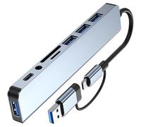 Station d'accueil USB C 8 en 2 USB C/USB 3.0 avec 3 ports USB 2.0 + 1 port USB 3.0 + 1 adaptateur de lecteur de carte de type C pour ordinateur portable Hub en aluminium