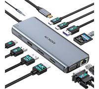 Station d'accueil USB C double moniteur, station d'accueil pour ordinateur portable 3 moniteurs, MOKiN 12 en 1 USB C Dock Hub adaptateur multiport avec HDMI 4K + DisplayPort+VGA, 100 W PD, 4 ports USB